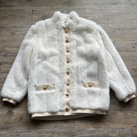 Vintage St. John Faux Fur Vest Jacket Small Off White Gold Buttons Mink - Picture 1 of 12